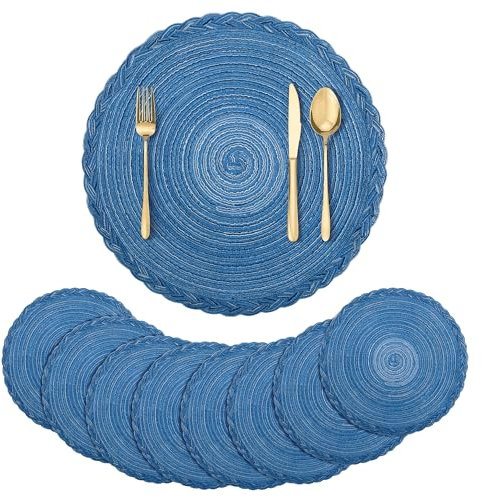 Fanquare Set de 8 Salvamanteles Redondos Trenzados 38cm - Resistentes al Calor, Lavables, para Mesa de Cocina - Azul