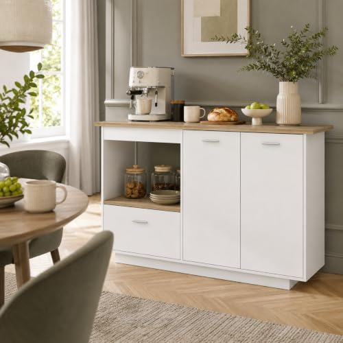 PREMTURE Kücheninsel mit Arbeitsplatte, Küchenschrank mit 1 Schublade, Kücheninsel mit Verstellbare Regale, Buffetschrank, Frühstückstisch, 150 x 91 x 80 cm, MDF, Weiß + Eichenholz