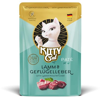 KITTY Cat Paté Agnello & Fegato di pollame, 48 x 85 g, cibo umido per gatti, senza cereali con taurina e olio di salmone, mangime completo ad alto contenuto di carne, Made in Germany