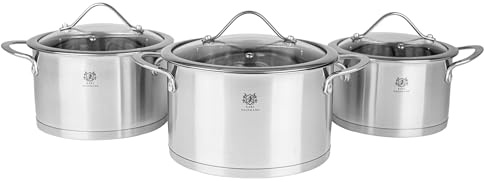 KARL HAUSMANN Topfset Induktion, 6-teilig, Edelstahl, 2 bis 3,7 L | Töpfe mit 3 Glasdeckel mit Dampföffnungen, Innenskalen, genietete Griffe, Kochtopf Set glänzende Oberfläche