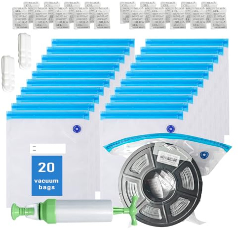TIOPY 20Stk 3D Drucker Filament Vakuumbeutel Kit 30x34 cm，AufbewahrungTransparente Vakuum Taschen,20 Trocknungsmittel,2 Dichtungsclips,1 Handpumpe,für PLA ABS PETG TPU Lagerung