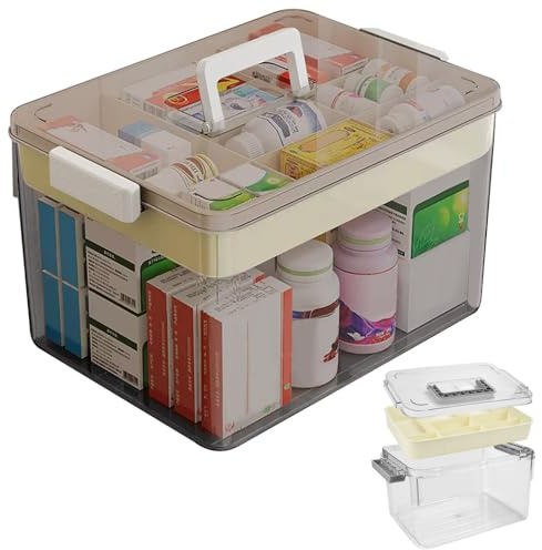 ADERTOS Scatola per Medicinali a Doppio Strato Organizer Medicinal Domestica Porta Medicine Casa Scatola Organizzatore Farmacia in Plastica con Manici per Casa, 26x16x15 cm, Marrone Chiaro Trasparente