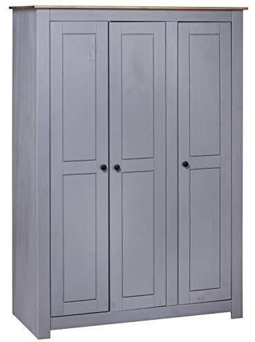 ShCuShan Armario de 3 puertas gris 118 x 50 x 171,5 cm de pino Panama Range, armario cajones, apto para dormitorio, lavandería, trastero, garaje