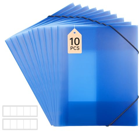 FRETONBA Pochette Cartonnée a4, Chemise Cartonnée A4 10 Pièces, Classeurs et Chemises Fixation de la Bande Élastique, Pochette Plastique Matériau PP Robuste et Durable, Bleu