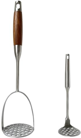 UPTALY 1 machacador de patatas de acero inoxidable con mango de palisandro (35 cm), 1 machacador de cocina pequeño (23 cm), para prensar zanahorias, plátanos, frijoles, calabaza, frutas