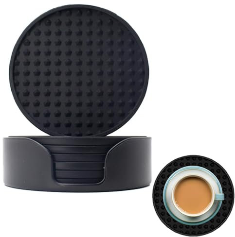 Set di 6 sottobicchieri in silicone, set di sottobicchieri ispessiti, per tavolino da caffè, supporto incluso, protezione anti-trabocco, decorazione rotonda in stile europeo, sottobicchieri da birra
