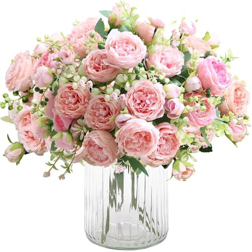 HNVNER 4 Bunches Peony Artificial Flowers Pink Silk Peonies Bouquet Fake Flowers for Home Decor Wedding Table Centerpiece