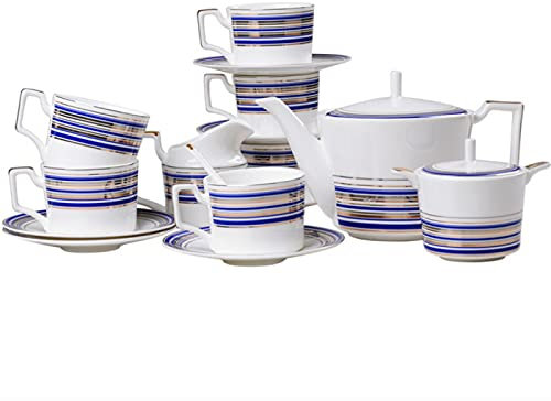 Set da tè in Porcellana da 15 Pezzi, Tazze da caffè e piattini con teiera, zuccheriera e lattiera, Tazze da tè e caffè in Ceramica Bianca e Blu (Bianco)