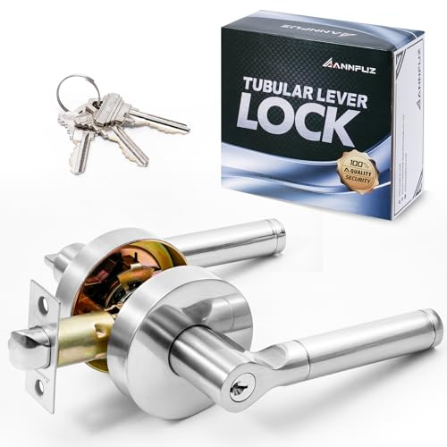 ANNFUZ Round Heavy Duty Entry Door Handle Lock with Keys,Reversible Door Lever for Left Right Side,Perfect for Interior Exterior Front Door,Office,Bedoom,Not Keyed Alike Door Lock(Entry, Satin Nickel)