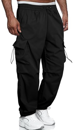 YAOBAOLE Cargo Trousers for Men UK Drawstring Cargo Pants Work Trousers Men with Pocket Black M