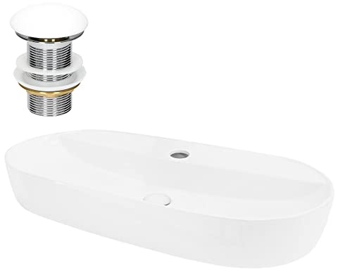 LuxeBath Lavabo da Appoggio in Ceramica Bianco Lucido Ovale 80 x 40 x 12 cm Lavandino con Set di Scarico in Ceramica Bianca Lavello Lavamani Piletta Drenaggio Sanitari per Bagno in Design Moderno
