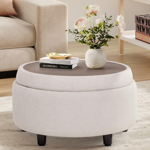 COLAMY Hocker mit Stauraum, Modernes Kunstleder Sitzhocker mit Stauraum, Gepolstert Rund Fußhocker Aufbewahrung mit Holzbeinen für Wohnzimmer Schminktisch Schlafzimmer Schlafzi, beige