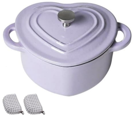 Forno olandese in ghisa smaltata, pentola a forma di cuore con coperchio e doppi manici, accessori in silicone inclusi, funziona su tutti i piani cottura, utilizzabile in forno fino a 260 °C