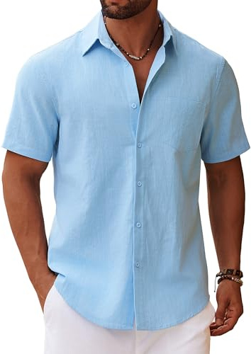 COOFANDY Camisa de Manga Corta para Hombre Camisa de Verano Camisa de Lino Casual Camisas de Algodón con Bolsillo Camisas en el Pecho de Playa Vacaciones Azul Cielo M