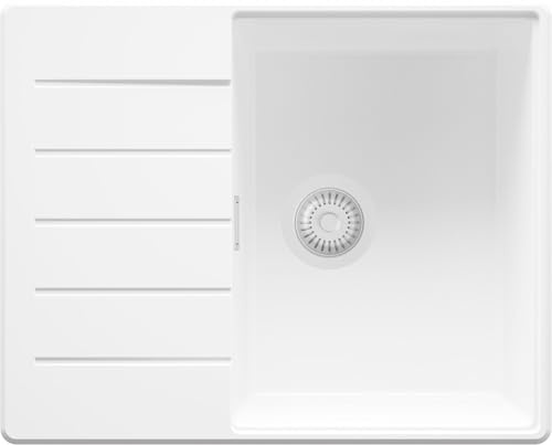 PRIMAGRAN Evier d'angle en Granit au Meuble 45cm + Kit de Vidage, 62x50cm | Set: Kit de Vidage (Siphon, bonde d’évacuation, trop-plein) + Lavabo Cuisine 1 Bac - Copenhague, Tout Blanc