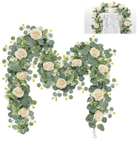 2 Stück Eukalyptus Blumengirlande Deko, 1,8M Rosen Girlande, Künstliche Blumengirlande mit künstlichen Rosen, Eukalyptus Deko Grün Hängepflanze Rosenrebe für Haus, Garten, Party, Hochzeit, Büro Dekor
