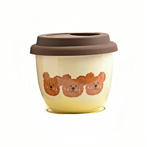 HUMOCHUSON 245Ml Ceramic Milky Yellow Bear Coffee Cup With Lid Couple Hand Warmer Cup