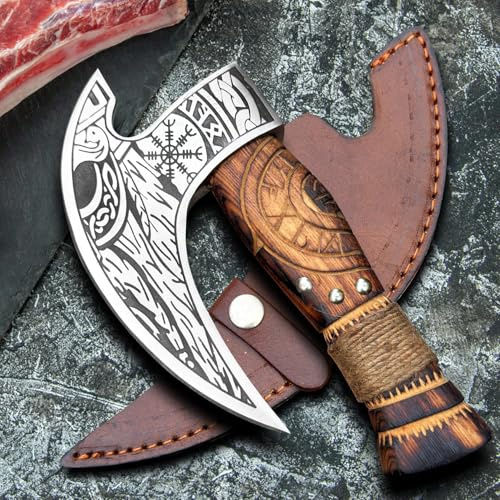 Anar Enterprise Viking Style Pizza Cutter Handmade Ulu Rocker Knife with Engraved Blade Durable Wooden Handle with Leather Grip Includes Leather Sheath (WHITE)