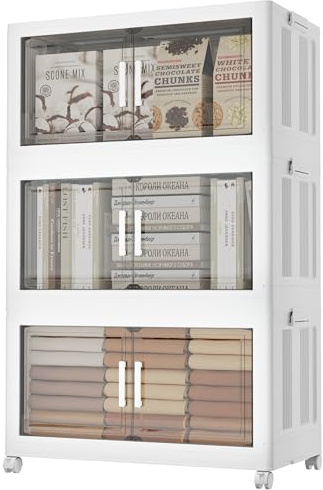 Naviconvex Aufbewahrungsbox mit Deckel, 3 Schichten 120L Aufbewahrungsboxen mit Deckel Groß, Stapelbare Kunststoffboxen mit Tür und Rollen, Klappboxen Faltbar, Kisten Aufbewahrung für Haus und Büro