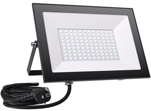 LED Strahler Außen mit Stecke - 100W 6500K 10000LM Superhell LED Strahler | IP65 Wasserdicht LED Strahler mit Stecker, Fluter mit 300cm Langem Stecker kabel, Flutlicht für Garten, Innenhöfe, Garage