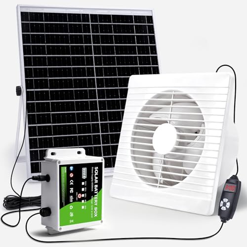 Solar Ventilator mit Solar Powerbank, 17W Solarlüfter Ø200mm mit Kabel 4M | IP65 Wasserdicht | Lüftungsstufenregelung und Zeitfunktion | 500 m³/h | 36dB für Hühnerstall, Treibhaus, Gewächshäuser