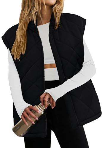 Zeagoo Quilted Gilet for Women Winter Warm Coats Short Sleeveless Down vest Outdoor Jacket with Stand Up Collar Black M