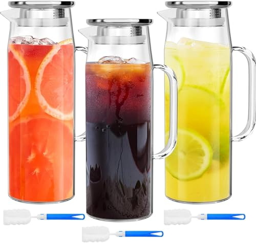 3 Pack Glass Water Jug for Fridge with Lid, 1.5 Litre Borosilicate Glass Pitcher for Hot and Cold Drinks, Iced Tea Carafe, Beverage Jugs with Spill-Free Spout & Cleaning Brush
