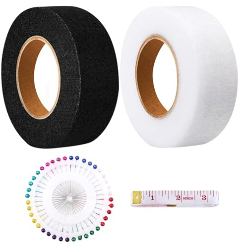 Sernvaloq 2 Pcs Wonder Web, 64 Meters Iron On Hemming Tape with Tape Measure & Pin, Invisible Mending Tapes for Curtains, Splicing Fabrics, Trousers, Clothes