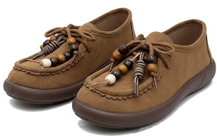 Suede Moccasins Loafers for Women Fashion Beaded Comfortable Round Toe Soft Sole Slip On Flats Daily Work Walking Shoes (Brown,8.5)