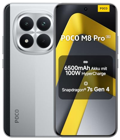 Xiaomi POCO M8 Pro, Smartphone 8+256 Go, Écran AMOLED CrystalRes 1,5K de 6,83, Snapdragon® 7s Gen 4, 50 Mpx Light Fusion 800 avec stabilisateur, Argent, Garantie 2 Ans, Chargeur Non Inclus