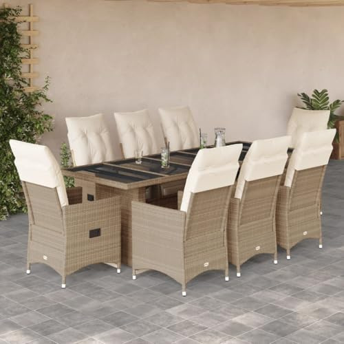 Mandloder Ensemble bistro de jardin 9 pièces avec coussins beige en polyrotin - Fauteuil de relaxation réglable - Résistant aux UV - 240 x 90 cm - Table pour terrasse, balcon, extérieur