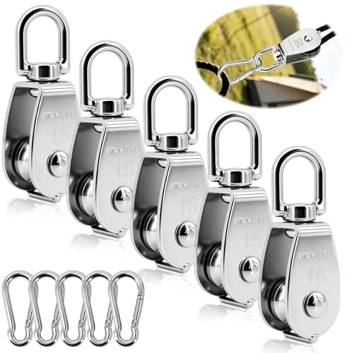 Solivive 10 Stück M15 Umlenkrolle Set, Edelstahl Umlenkrollen für Seile, mit 5 Stück Umlenkrolle M15 & 5 Stück Karabiner M4, 304 Edelstahl-Seilrollen, Tragkraft 35kg für Sonnensegel Fitness Seilwinde
