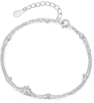 KnSam 14K 585 Weißgold Armbänder Damen Echtschmuck, Doppelte Schicht Kette mit Kugel Armreifen mit Labor Erstellt Diamant, Armreifen Au585 Gold, 20+3cm
