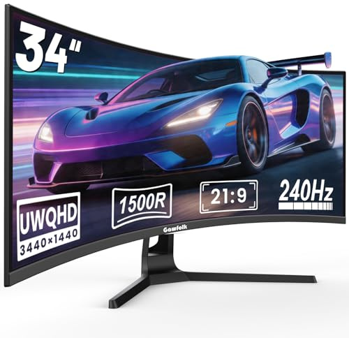 Gawfolk 34 Inch Ultrawide Curved Gaming Monitor, 1500R PC Screen 240hz UWQHD 3440x1440p Monitor, Curved Computer Display with FreeSync & Eye-Care Technology, DP, HDMI, Wallmount 100x100mm