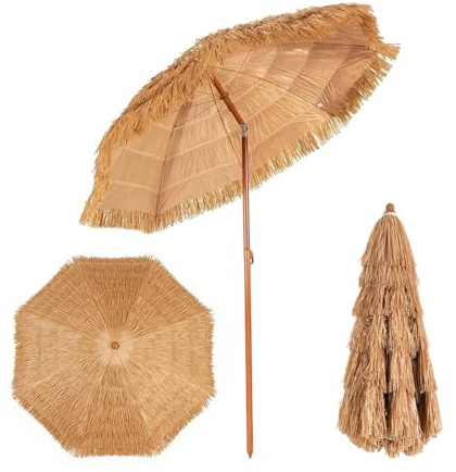 GOPLUS Sonnenschirm Hawaii, Ø 175 cm Sonnenschirm Stroh um 30° knickbar, Strandschirm mit PP-Stroh & 8 Rippen, Strohschirm klappbar, Terrassenschirm zum Sonnenschutz, für Strand, Balkon & Garten