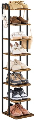 Yaheetech Schmales Schuhregal, Schuhablage mit 8 Ebenen, Platzsparender Schuhschrank Holz im Vintage-Sti mit Haken für Flur/Ecke/Eingangsbereichl