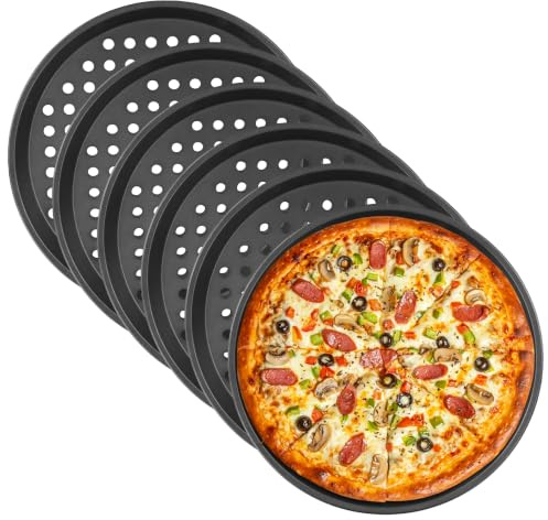 HONYUET 6 stycken pizzaplåt 24 cm rund, pizzaplåt kolstål svart perforerad, bakplåt med hål för ugn och krispiga pizzaboder