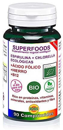 Robis Superfoods Espirulina + Chlorella Bio | Végétalien/végétarien | Riche en protéines, vitamines, antioxydants, chlorophylle et fibre | Spiruline, chlorella, acide folique - 90 comprimés