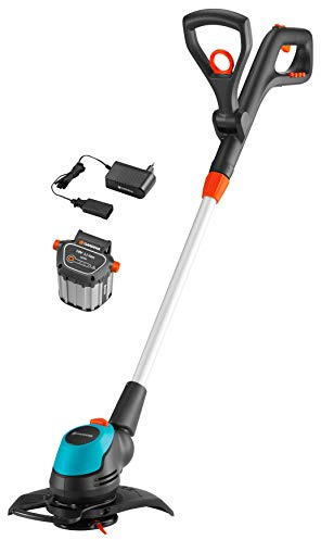 Gardena Akku-Trimmer EasyCut Li-18/23 Set:Rasentrimmer mit 230 mm Schnittkreis,Pflanzenschutzbügel & Stielneigungsverstellung,inkl. 18 V Li-Ion Akku (9876-20),Schwarz;anthrazit;grau;türkis;orange
