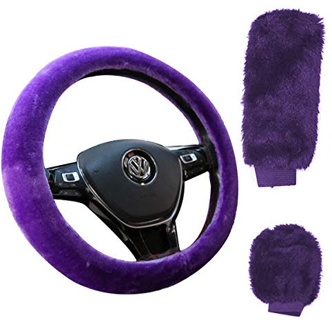 Housse de Volant,DBAILY 3 Pcs Ensemble de Couvre-Volant Frein à Main Couvre-Sélecteur et Housse de Volant pour Volant Rond （36-39cm） (Violet)