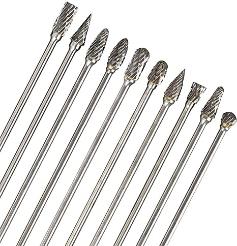 AYSUM Carbide Rotary Burr Set 10pcs 1/8 Shank Long Reach Double Cut Tungsten Carbide Rotary File Set for Die Grinder Drill, Metal Wood Carving, Engraving, Polishing, Drilling