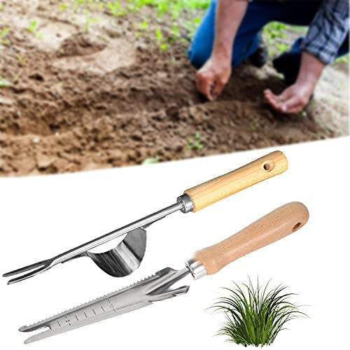 2 Packs Hand Weeder Garden Tool, Stainless Steel Manual Weed Dandelion Remover Tool, Patio Hand Weeding Puller Tool with Wooden Handle, Weeder Shovel for Digging Transplanting Measuring Cutting Sawing