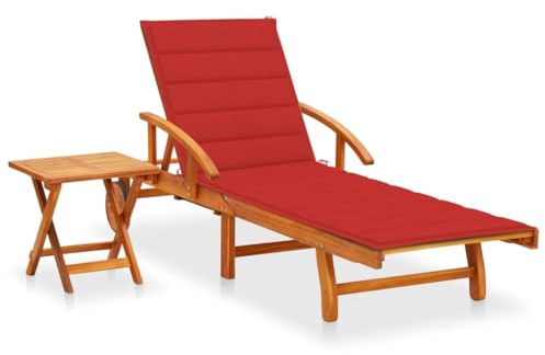 SKTQYQO Gartenliege aus massivem Akazienholz mit ausziehbarem Tisch und verstellbarem Kissen, Liegestuhl mit Rollen und verstellbarer Rückenlehne für Terrasse, Liege für den Außenbereich
