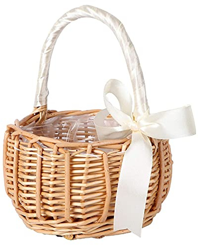 Rattan Korb Hochzeit, Blumenkorb Hochzeit Blumenkinder, Weidenkorb mit Henkel Geflochten, Körbe für Blumenmädchen, Blumenkorb Rattan mit Schleife für Hochzeit Tischdeko Zuhause Garten Party Dekoration
