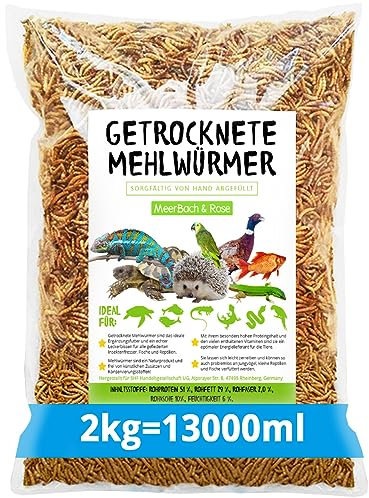 Meerbach & Rose Mehlwürmer getrocknet, 2kg (entspricht 13 Litern) getrocknete Mehlwürmer, proteinreicher Snack für Wildvögel, Fische, Reptilien und Nager