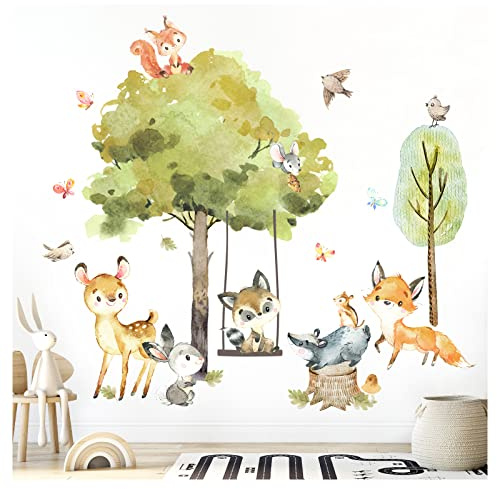 Grandora Wandtattoo Wandsticker Kinderzimmer Waldtiere Bäume Wandaufkleber Wanddeko Fuchs Sticker Babyzimmer REH Spielzimmer Hase Wandbild Kinder Aufkleber DL762-4