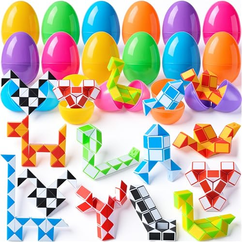 JOYIN 12 huevos de Pascua prerellenos con mini cubos de serpiente, juguetes de rompecabezas de serpiente, cubo de velocidad de serpiente, para niños, fiesta de Pascua, cacería de huevos