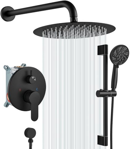 gotonovo Slide Bar Shower System Round High Pressure Showerhead and 6-Spray Handheld Combo Shower Faucets Sets Complete Wall Mount Shower Valve and Trim Kit, 12 Inch, Matte Black