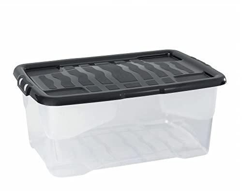 Cristalray 6 Stück - Strata Curve Aufbewahrungsbox mit schwarzem Deckel, 42 Liter, 60x40x25cm - transparent