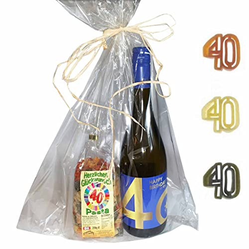 Präsent-Tüte 40. Geburtstag mit Wein und Nudeln // 40. Geburtstag Feinkostgeschenk